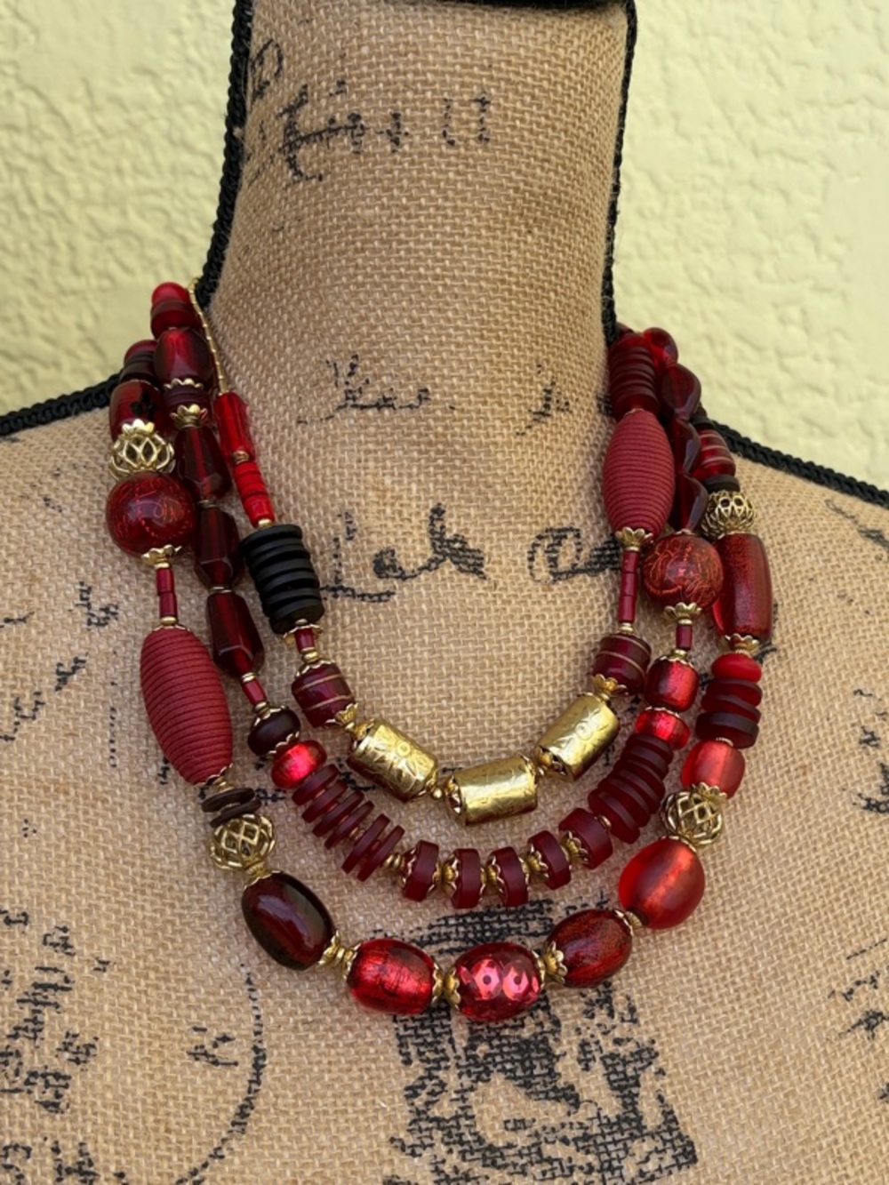 Chico's Red Multi-Strand Beaded Necklace with Gold Accents